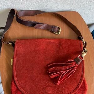 JOYN Elegant Red Suede Crossbody Bag with Tassel